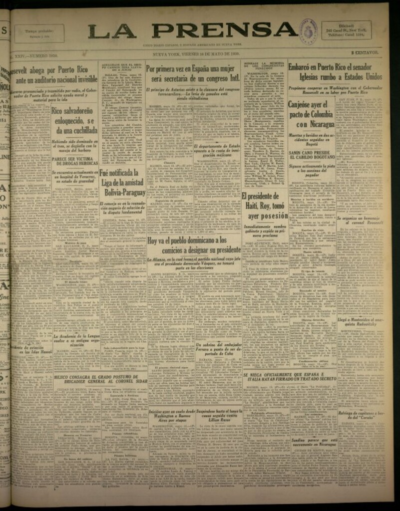 Miniatura de La Prensa: único diario español e hispano americano en Nueva York del 16 de mayo de 1930, nº 3850
