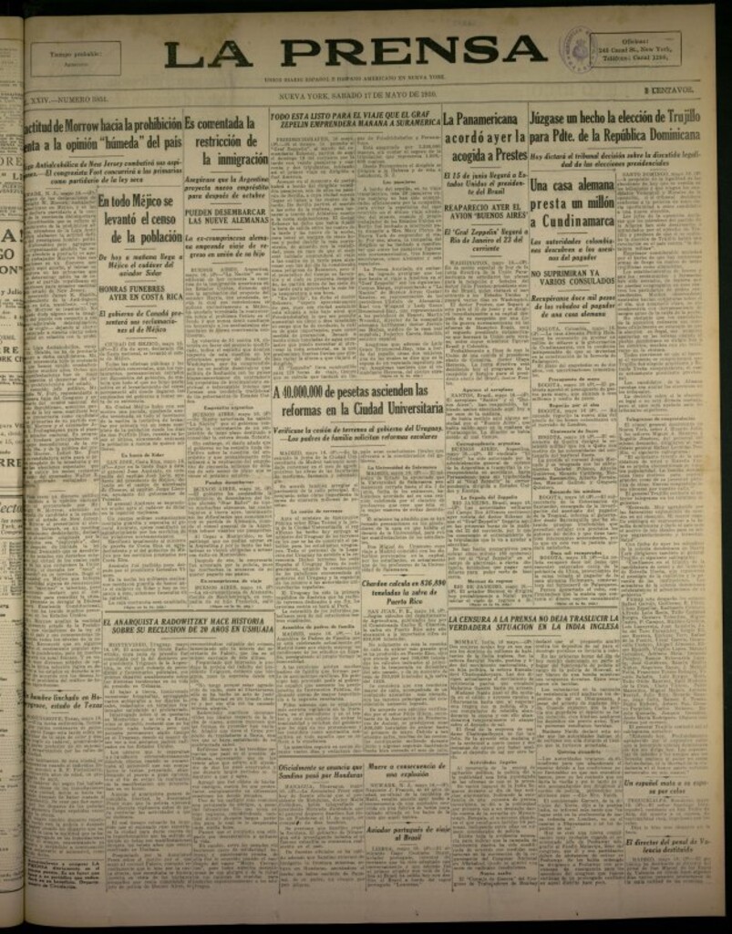 Miniatura de La Prensa: único diario español e hispano americano en Nueva York del 17 de mayo de 1930, nº 3851