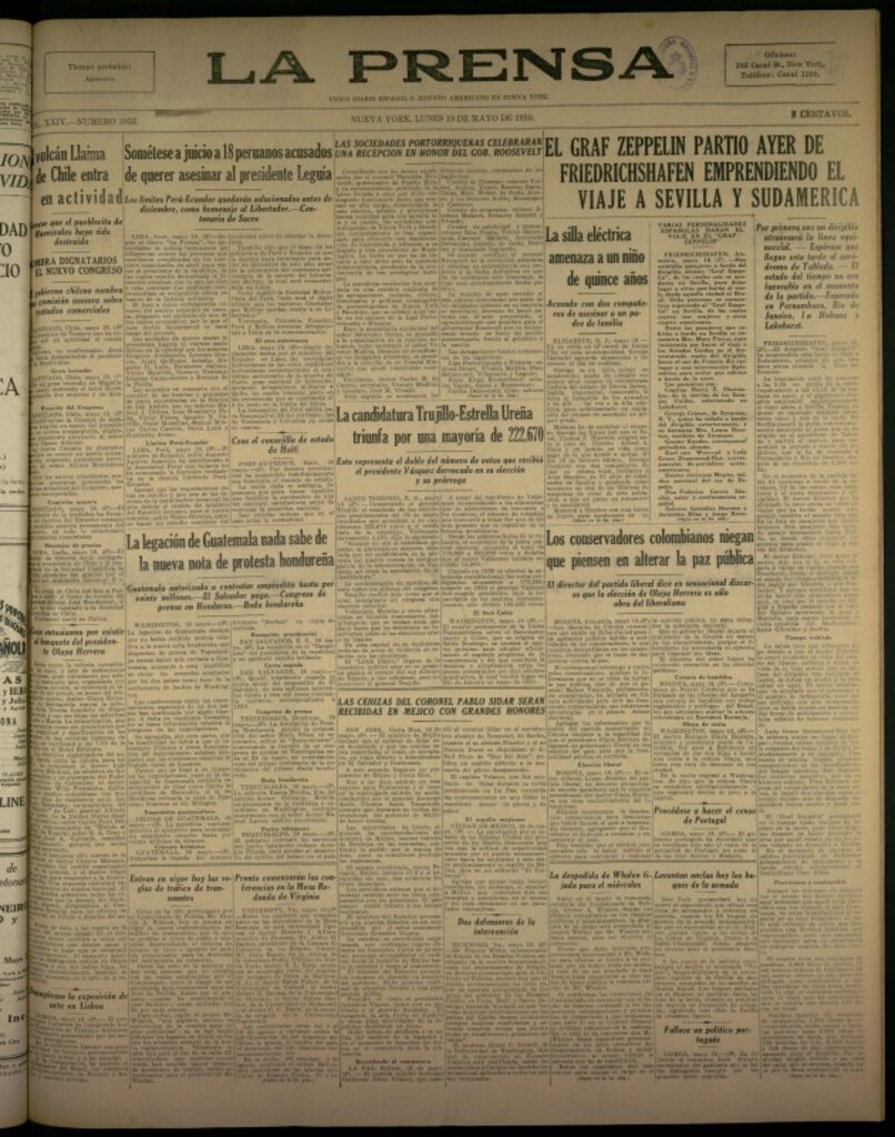 Miniatura de La Prensa: único diario español e hispano americano en Nueva York del 19 de mayo de 1930, nº 3852