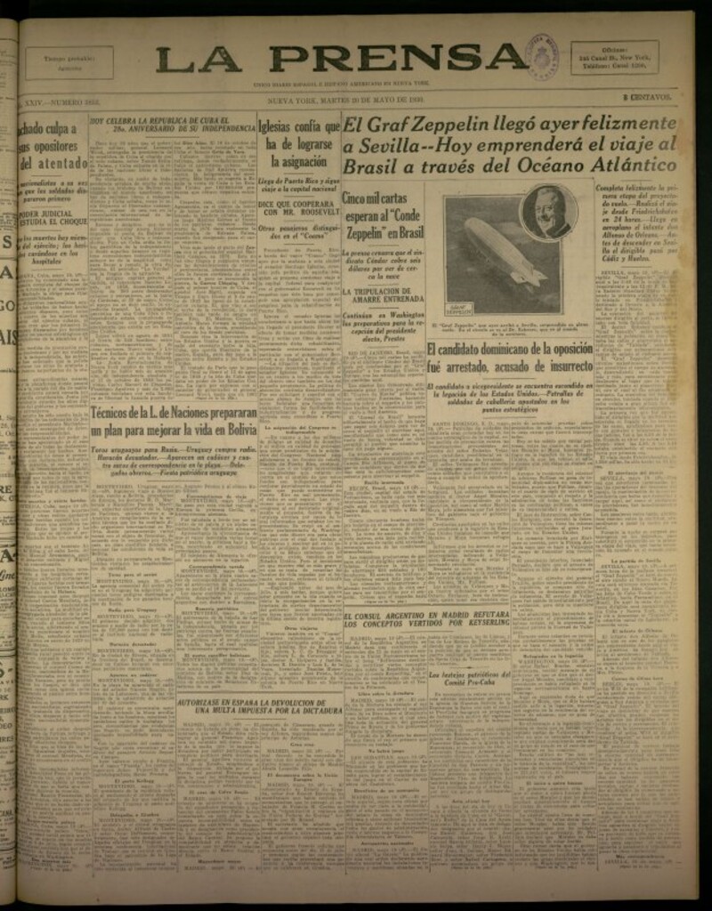 Miniatura de La Prensa: único diario español e hispano americano en Nueva York del 20 de mayo de 1930, nº 3853