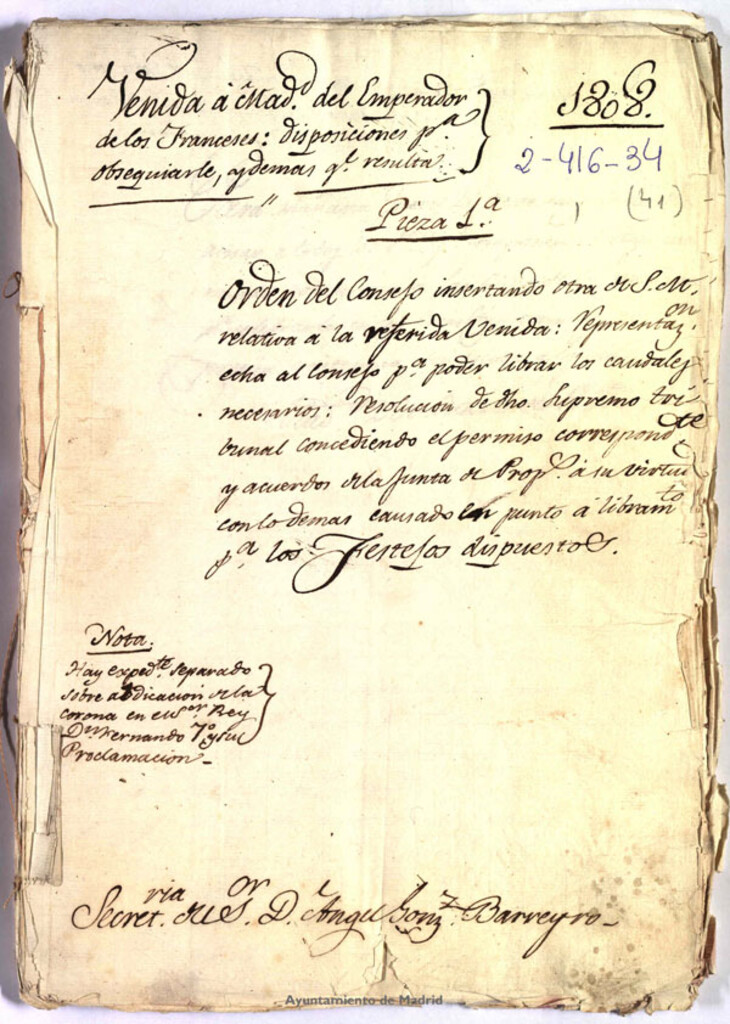 Miniatura de 1808 Orden del consejo insertando otra de José I relativa a la venida del Emperador festejos para su recibimiento y acuerdos de la Junta de Propios sobre la financiación de los mismos.