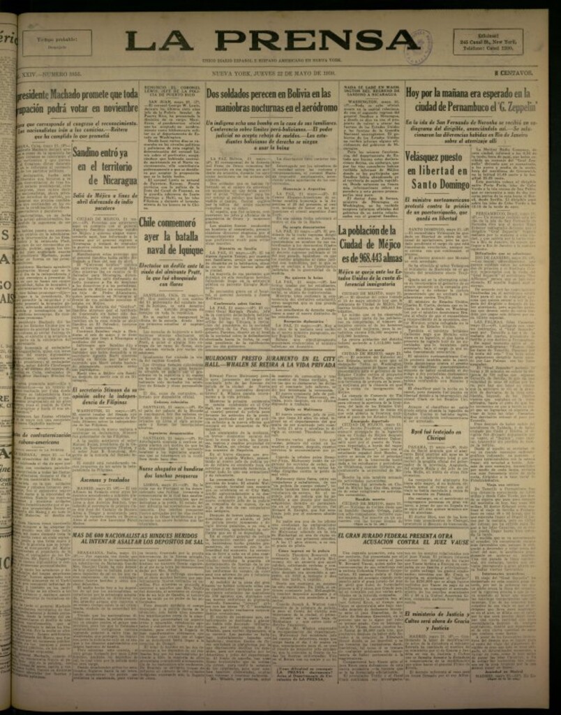 Miniatura de La Prensa: único diario español e hispano americano en Nueva York del 22 de mayo de 1930, nº 3855