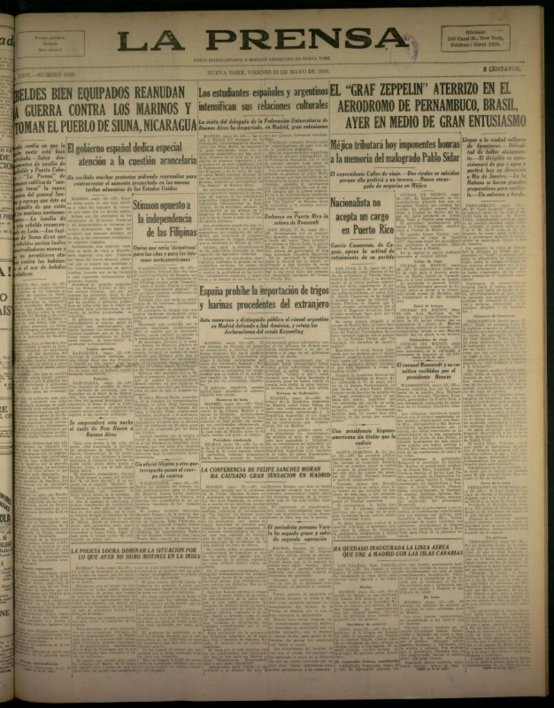 Miniatura de La Prensa: único diario español e hispano americano en Nueva York del 23 de mayo de 1930, nº 3856