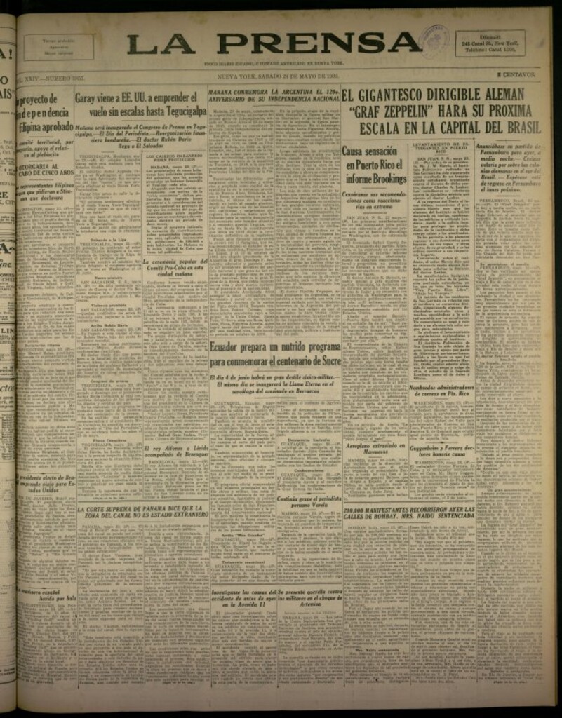 Miniatura de La Prensa: único diario español e hispano americano en Nueva York del 24 de mayo de 1930, nº 3857