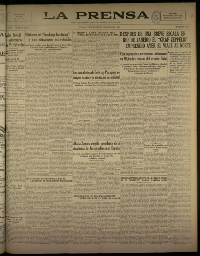 Miniatura de La Prensa: único diario español e hispano americano en Nueva York del 26 de mayo de 1930, nº 3858