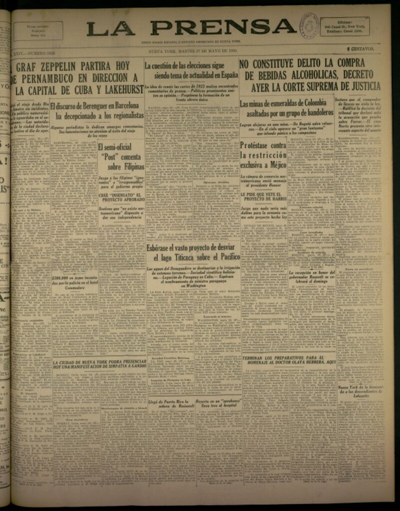 Miniatura de La Prensa: único diario español e hispano americano en Nueva York del 27 de mayo de 1930, nº 3859