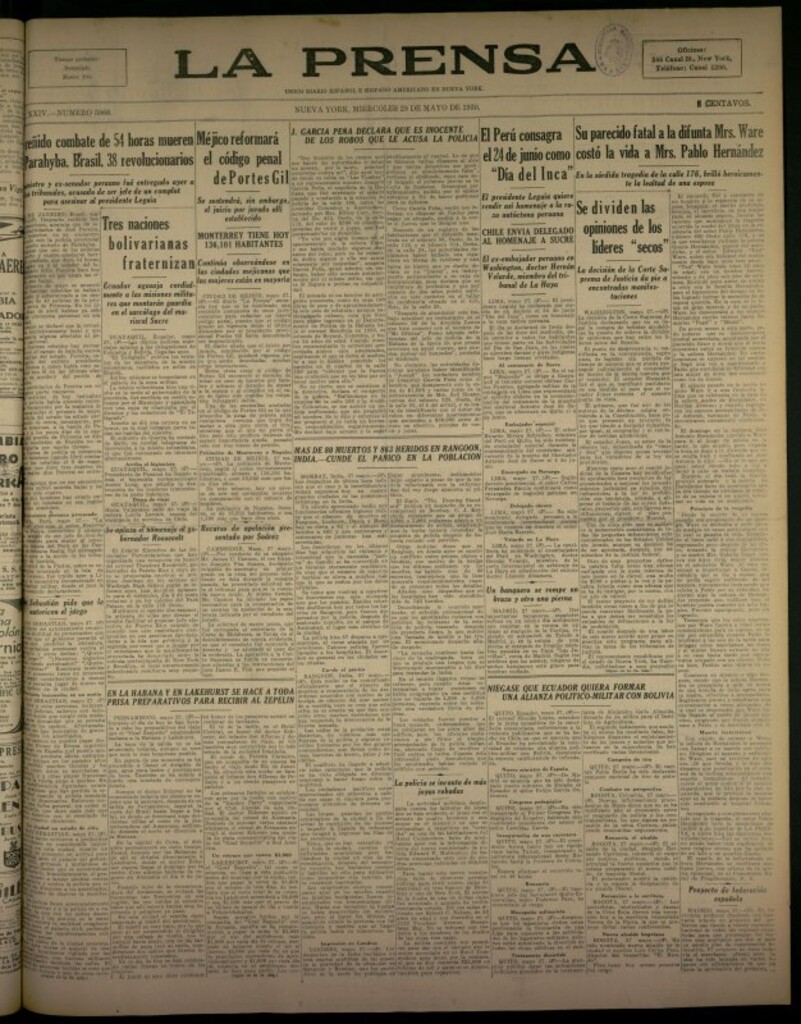 Miniatura de La Prensa: único diario español e hispano americano en Nueva York del 28 de mayo de 1930, nº 3860