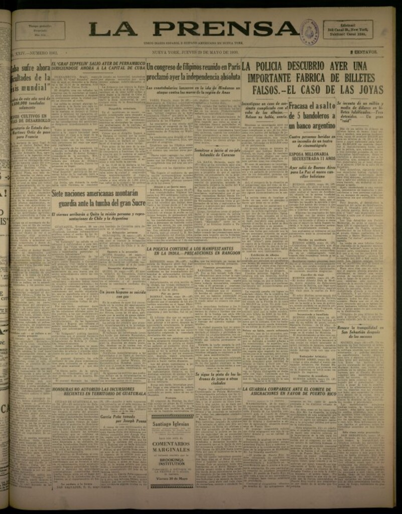 Miniatura de La Prensa: único diario español e hispano americano en Nueva York del 29 de mayo de 1930, nº 3861