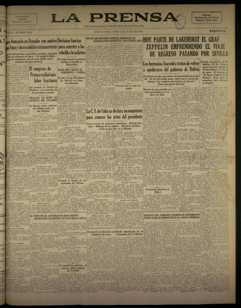 Miniatura de La Prensa: único diario español e hispano americano en Nueva York del 2 de junio de 1930, nº 3864