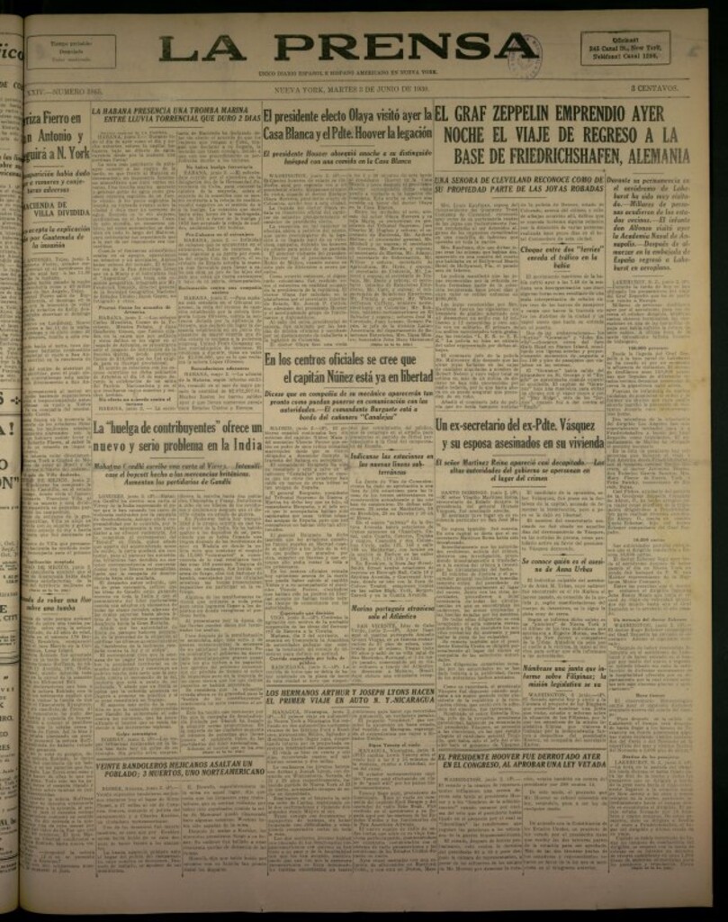 Miniatura de La Prensa: único diario español e hispano americano en Nueva York del 3 de junio de 1930, nº 3865