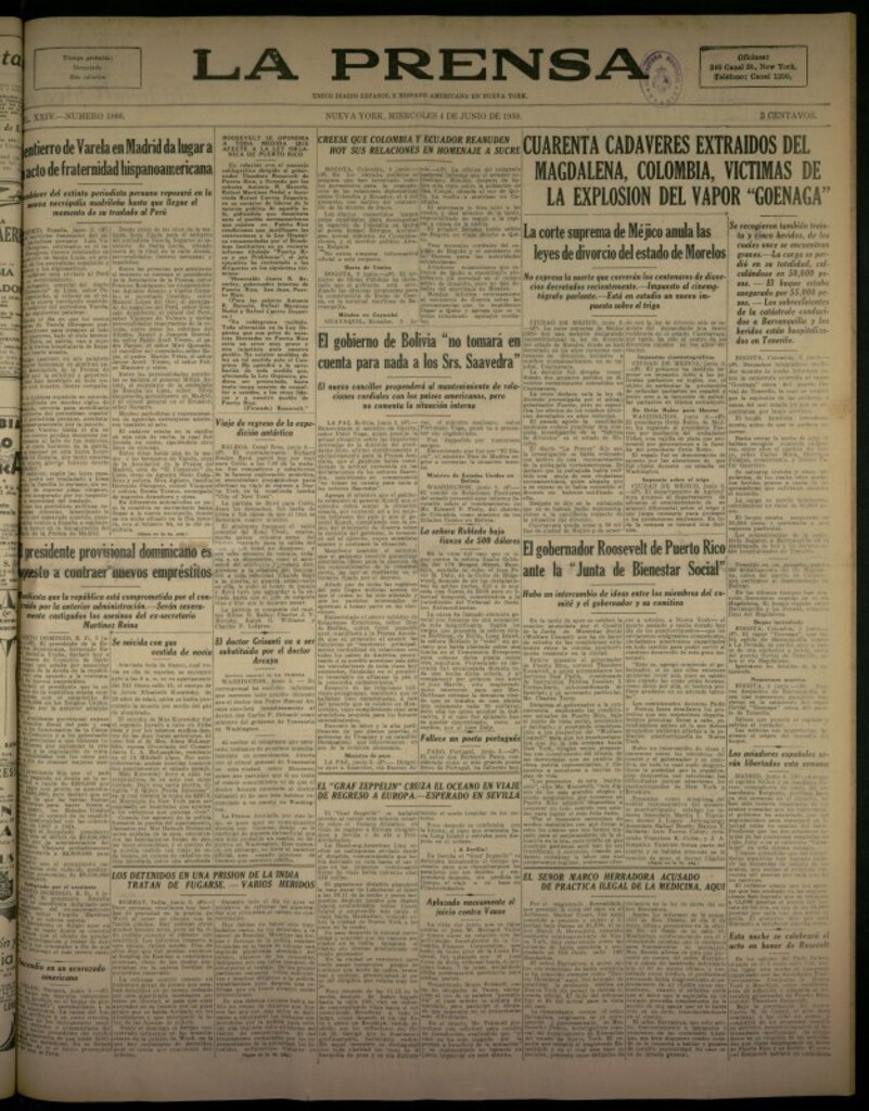 Miniatura de La Prensa: único diario español e hispano americano en Nueva York del 4 de junio de 1930, nº 3866