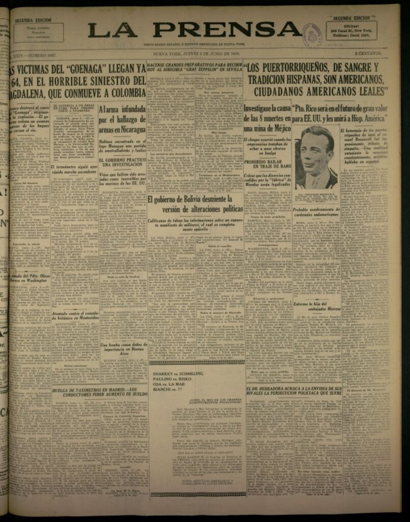Miniatura de La Prensa: único diario español e hispano americano en Nueva York del 5 de junio de 1930, nº 3867