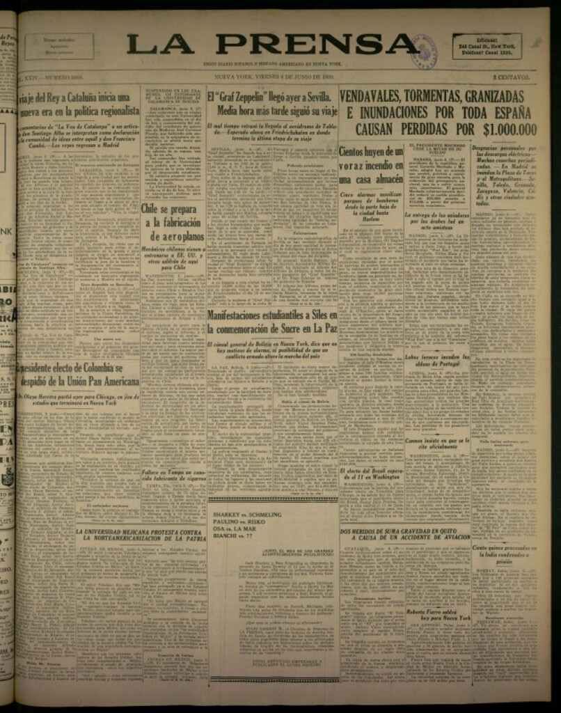 Miniatura de La Prensa: único diario español e hispano americano en Nueva York del 6 de junio de 1930, nº 3868