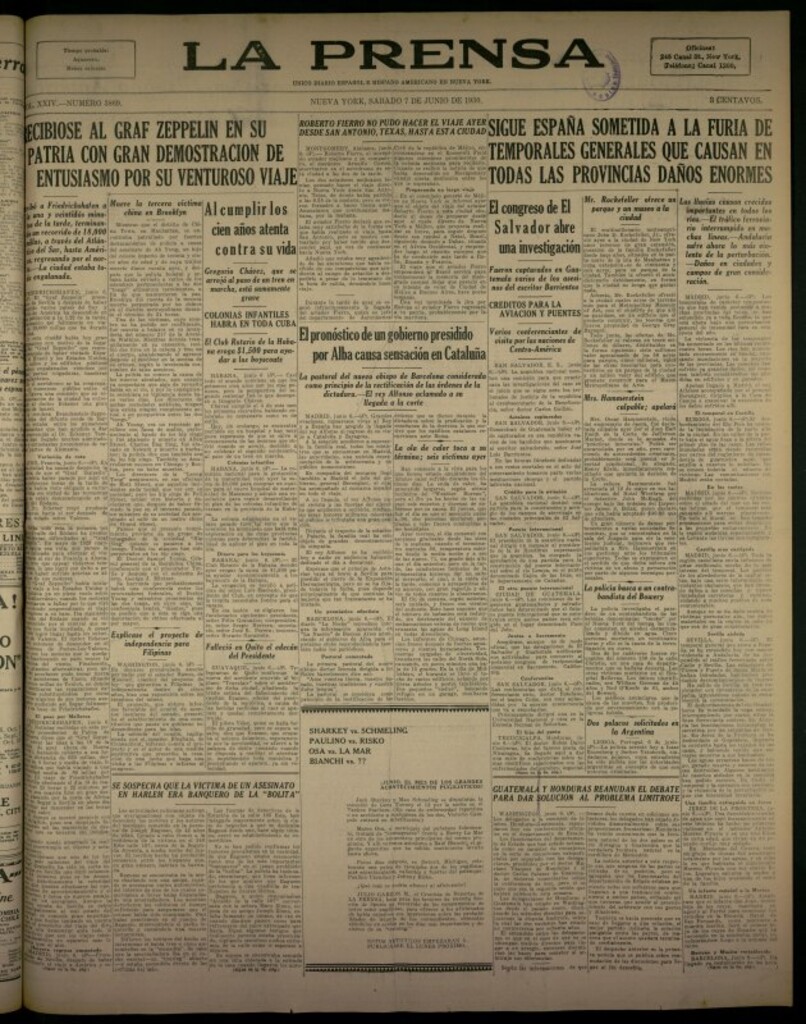 Miniatura de La Prensa: único diario español e hispano americano en Nueva York del 7 de junio de 1930, nº 3869