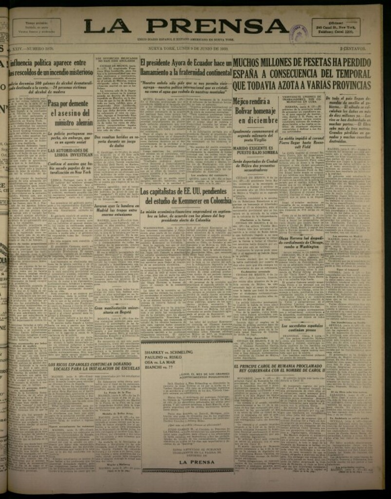 Miniatura de La Prensa: único diario español e hispano americano en Nueva York del 9 de junio de 1930, nº 3870