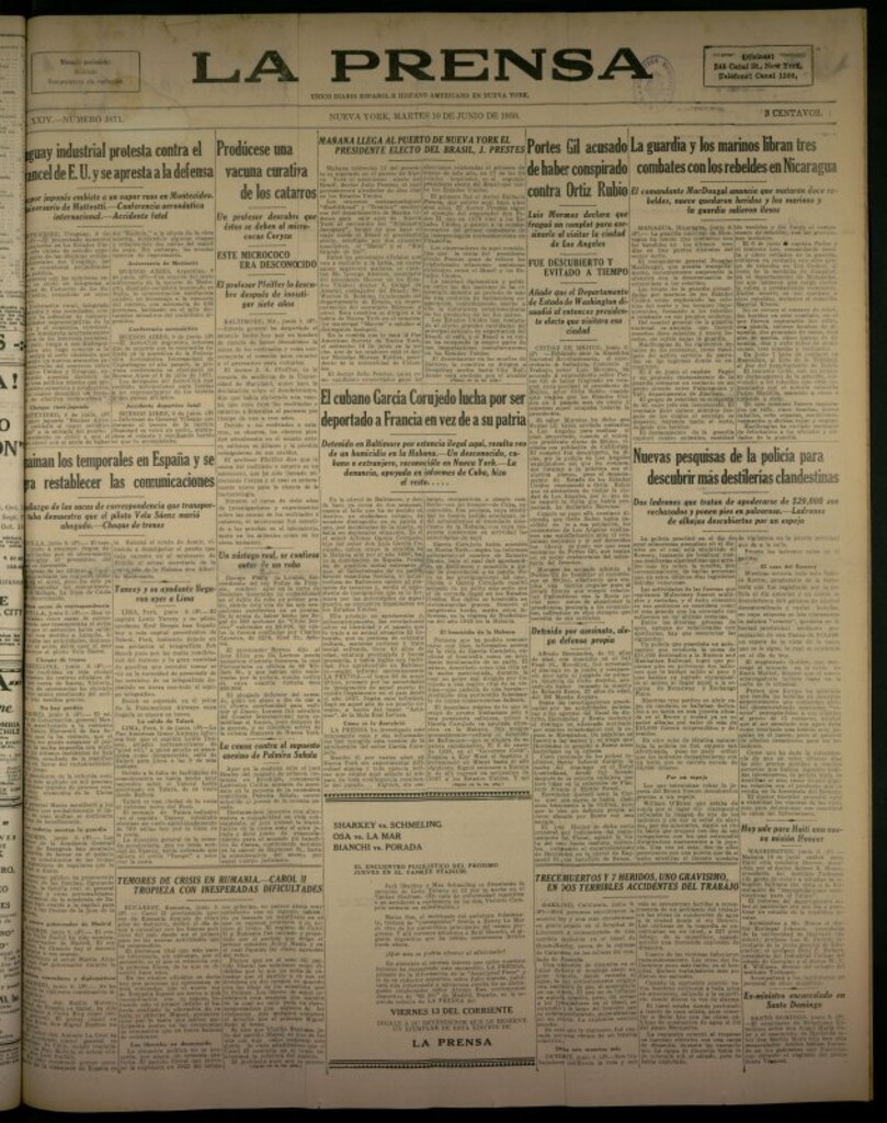 Miniatura de La Prensa: único diario español e hispano americano en Nueva York del 10 de junio de 1930, nº 3871