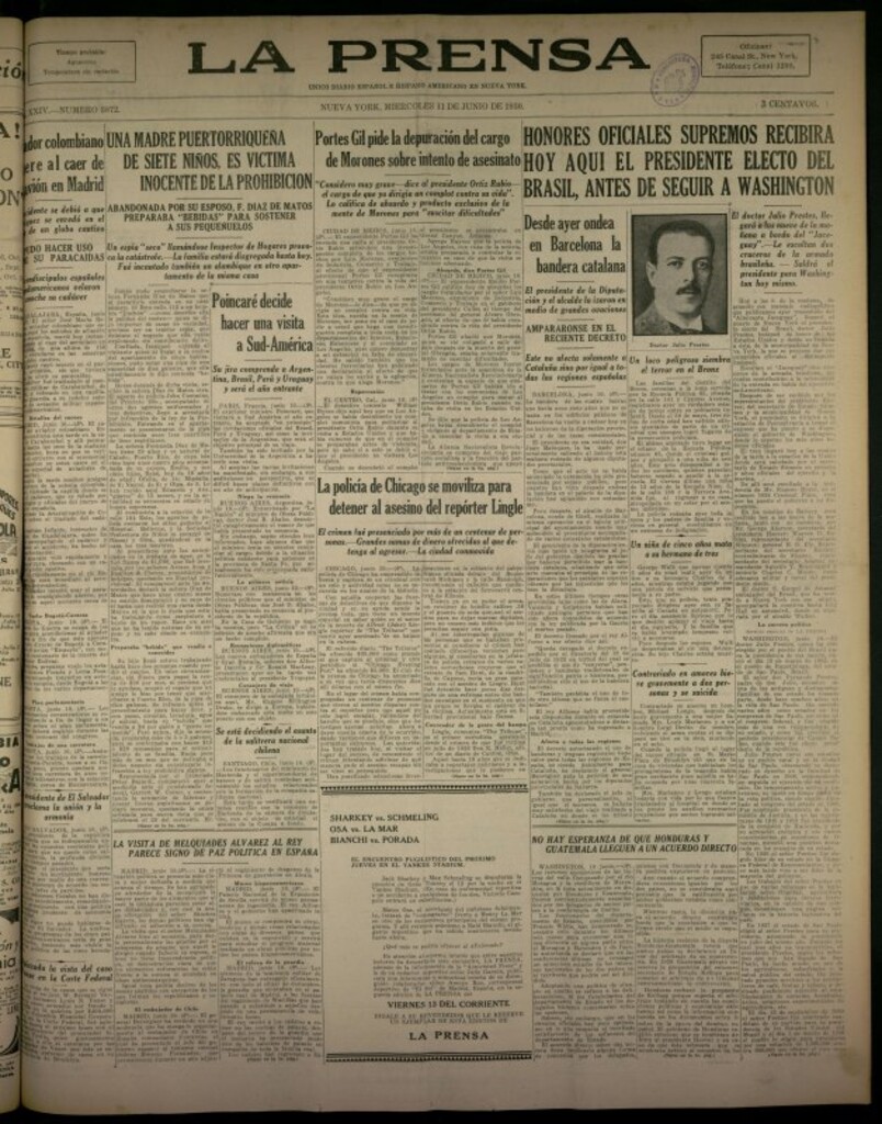Miniatura de La Prensa: único diario español e hispano americano en Nueva York del 11 de junio de 1930, nº 3872