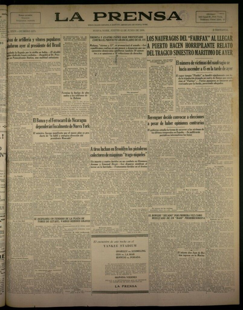 Miniatura de La Prensa: único diario español e hispano americano en Nueva York del 12 de junio de 1930, nº 3873
