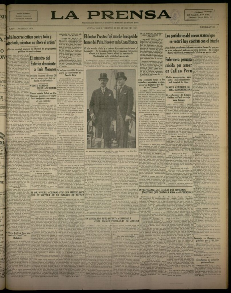 Miniatura de La Prensa: único diario español e hispano americano en Nueva York del 13 de junio de 1930, nº 3874