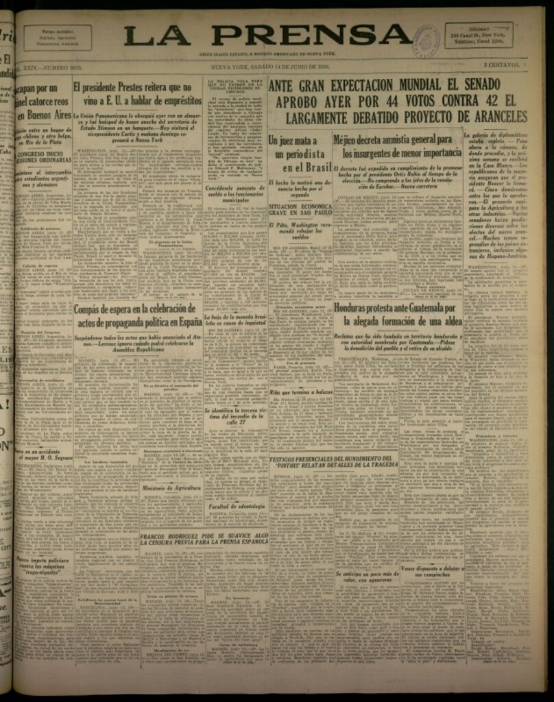 Miniatura de La Prensa: único diario español e hispano americano en Nueva York del 14 de junio de 1930, nº 3875