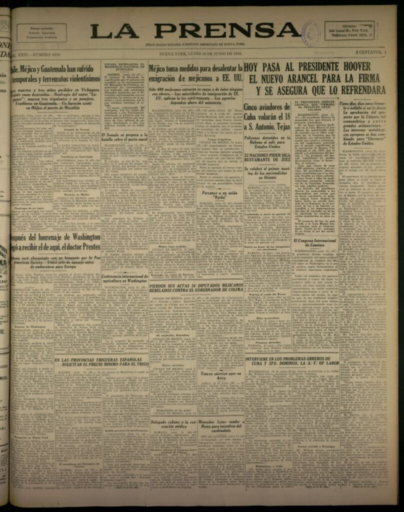Miniatura de La Prensa: único diario español e hispano americano en Nueva York del 16 de junio de 1930, nº 3876