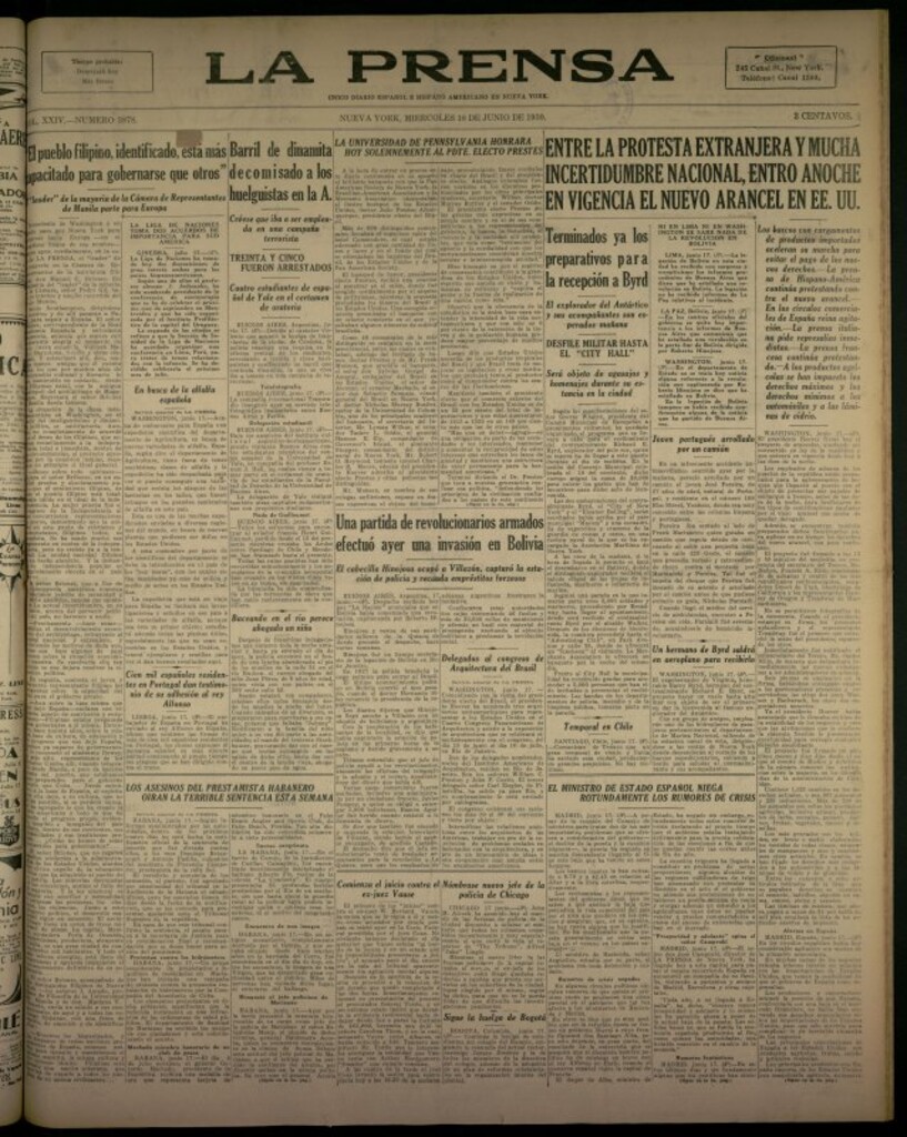 Miniatura de La Prensa: único diario español e hispano americano en Nueva York del 18 de junio de 1930, nº 3878