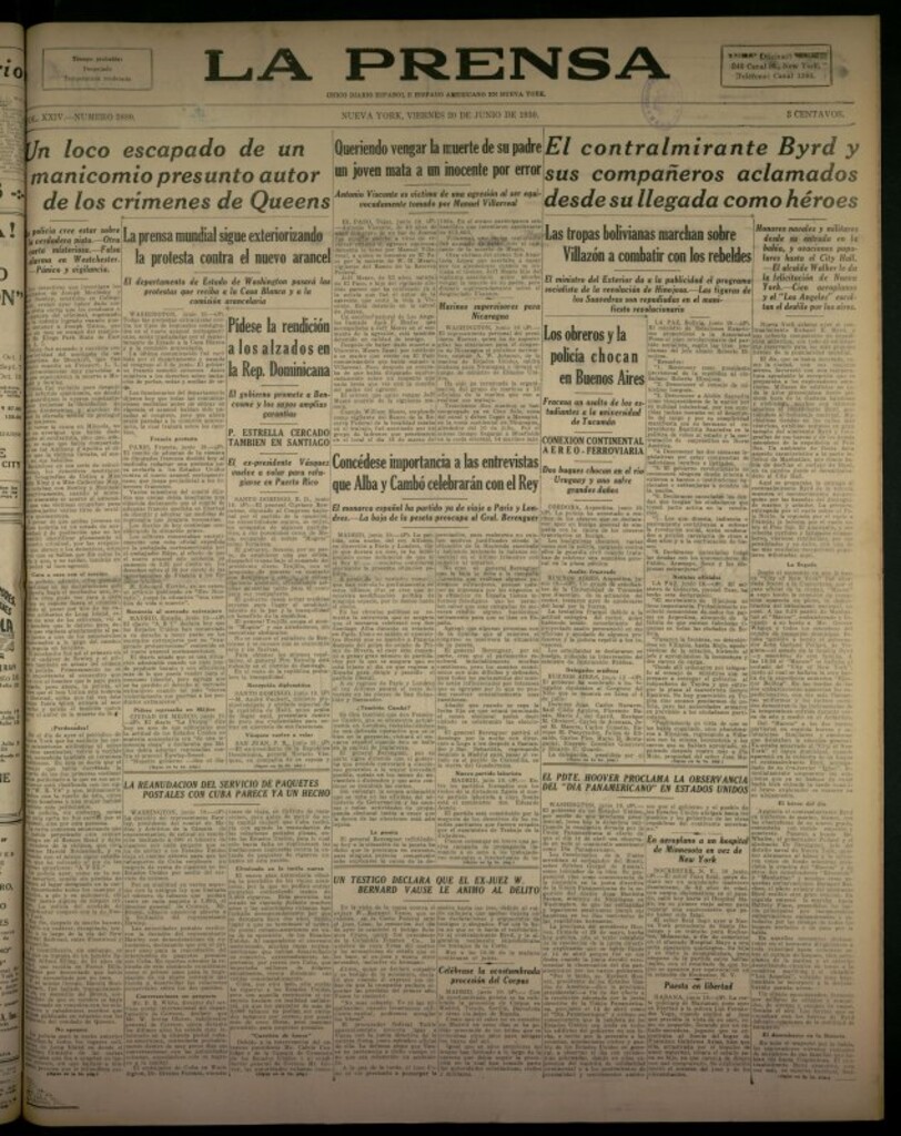 Miniatura de La Prensa: único diario español e hispano americano en Nueva York del 20 de junio de 1930, nº 3880