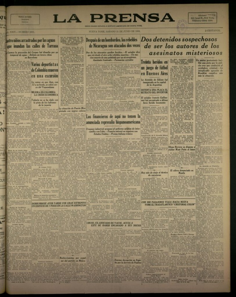 Miniatura de La Prensa: único diario español e hispano americano en Nueva York del 21 de junio de 1930, nº 3881