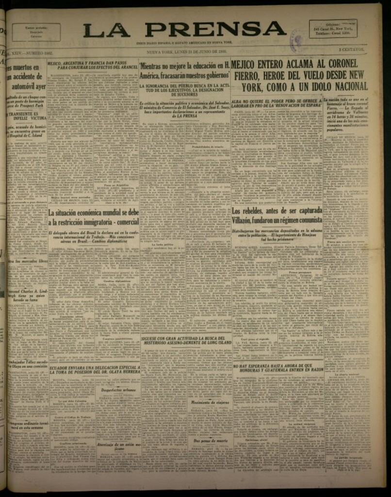Miniatura de La Prensa: único diario español e hispano americano en Nueva York del 23 de junio de 1930, nº 3882