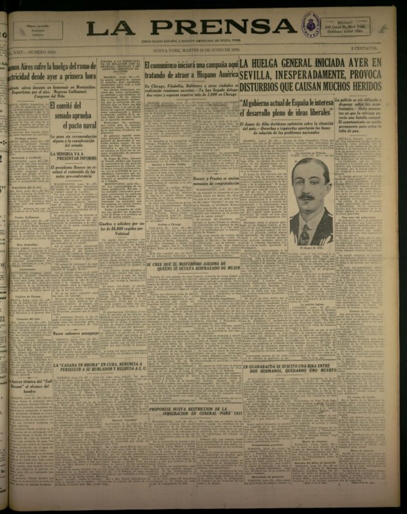 Miniatura de La Prensa: único diario español e hispano americano en Nueva York del 24 de junio de 1930, nº 3883