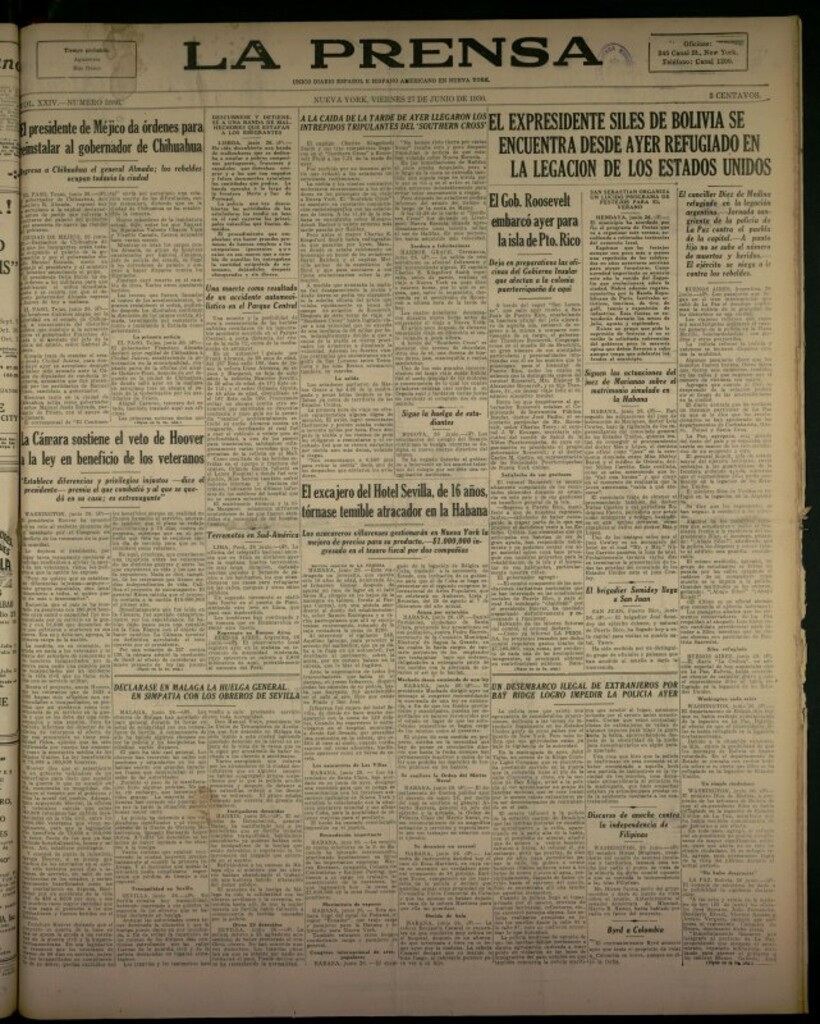 Miniatura de La Prensa: único diario español e hispano americano en Nueva York del 27 de junio de 1930, nº 3886