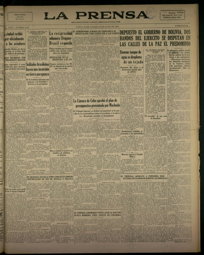 Miniatura de La Prensa: único diario español e hispano americano en Nueva York del 28 de junio de 1930, nº 3887