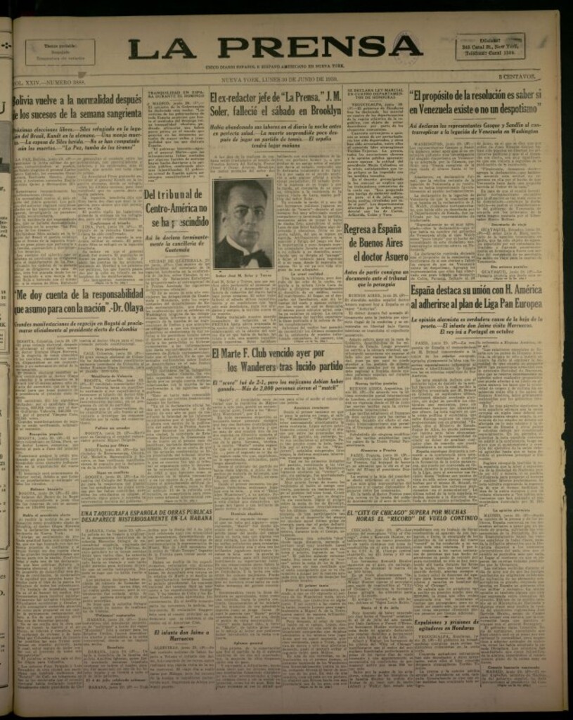 Miniatura de La Prensa: único diario español e hispano americano en Nueva York del 30 de junio de 1930, nº 3888
