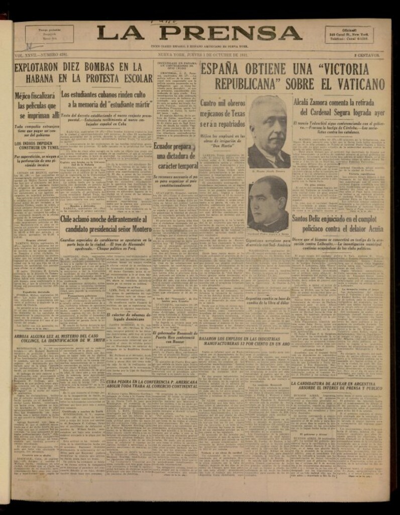 Miniatura de La Prensa: único diario español e hispano americano en Nueva York del 1 de octubre de 1931, nº 4281