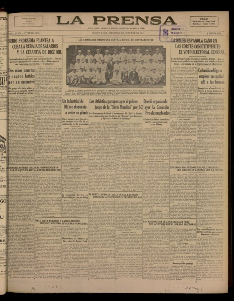 Miniatura de La Prensa: único diario español e hispano americano en Nueva York del 2 de octubre de 1931, nº 4282