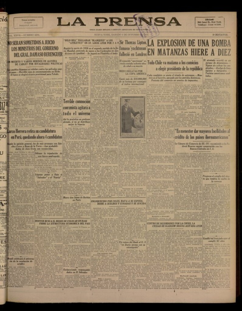 Miniatura de La Prensa: único diario español e hispano americano en Nueva York del 3 de octubre de 1931, nº 4283