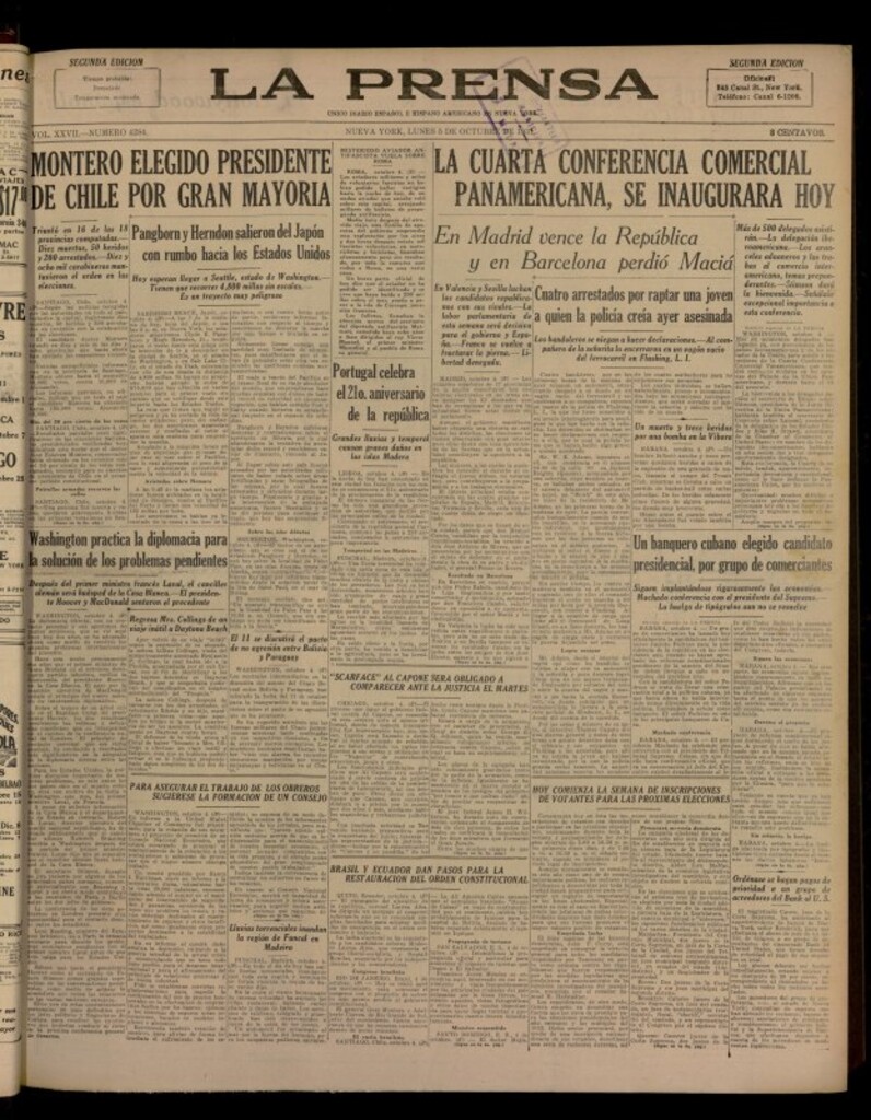 Miniatura de La Prensa: único diario español e hispano americano en Nueva York del 5 de octubre de 1931, nº 4284