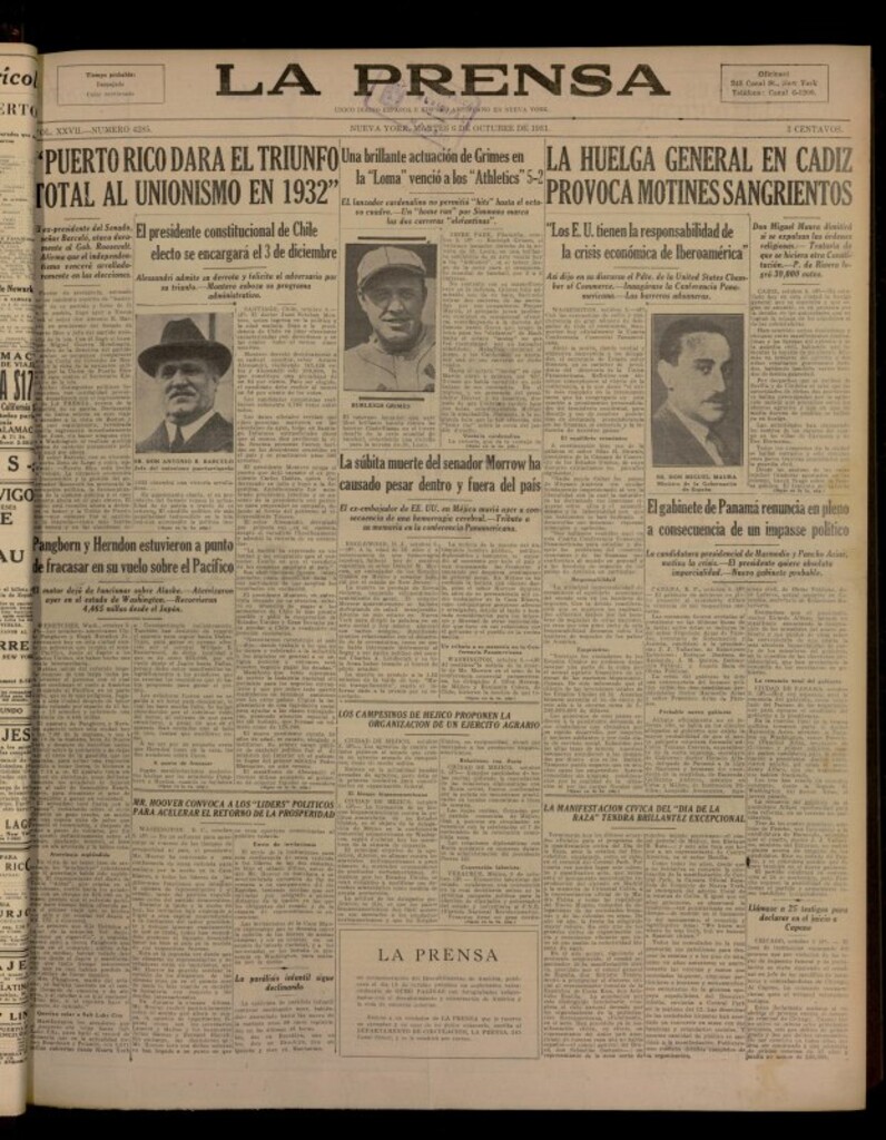 Miniatura de La Prensa: único diario español e hispano americano en Nueva York del 6 de octubre de 1931, nº 4285
