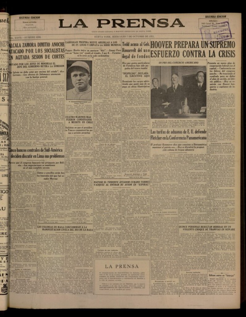 Miniatura de La Prensa: único diario español e hispano americano en Nueva York del 7 de octubre de 1931, nº 4286