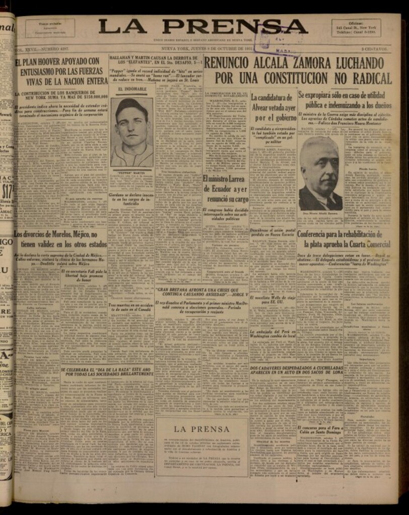 Miniatura de La Prensa: único diario español e hispano americano en Nueva York del 8 de octubre de 1931, nº 4287