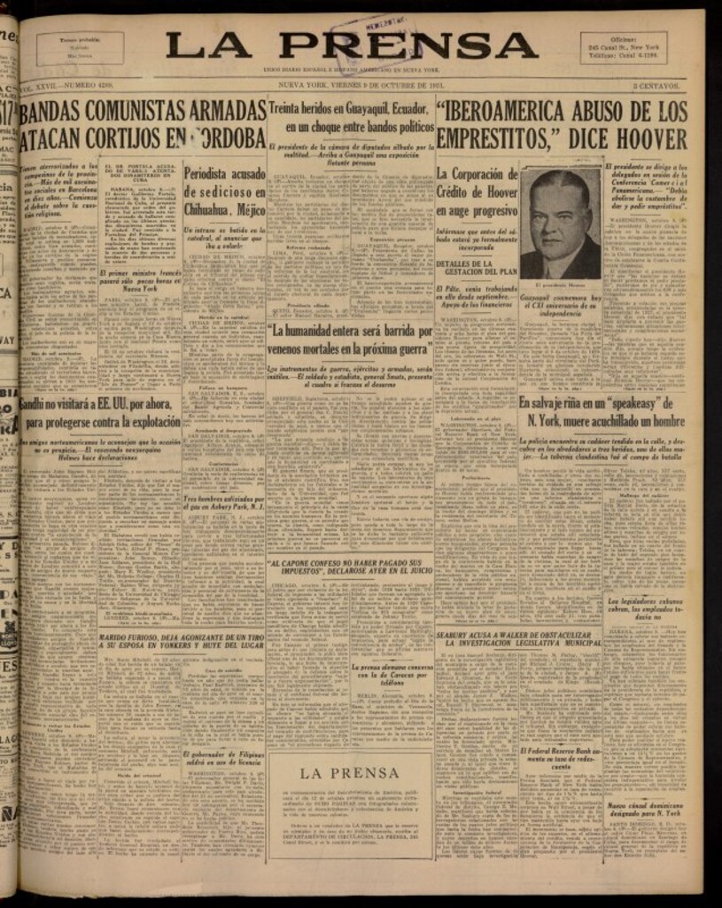 Miniatura de La Prensa: único diario español e hispano americano en Nueva York del 9 de octubre de 1931, nº 4288