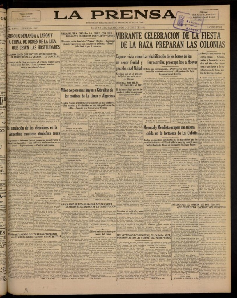 Miniatura de La Prensa: único diario español e hispano americano en Nueva York del 10 de octubre de 1931, nº 4289