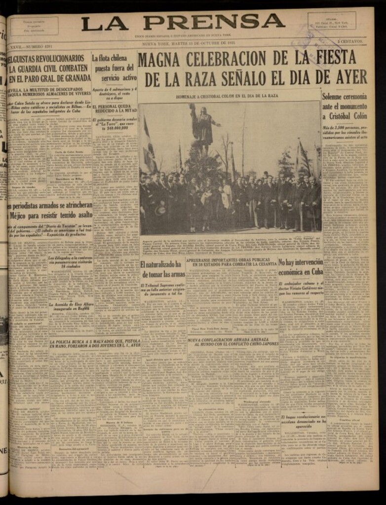 Miniatura de La Prensa: único diario español e hispano americano en Nueva York, del 13 de octubre de 1931, nº 4291