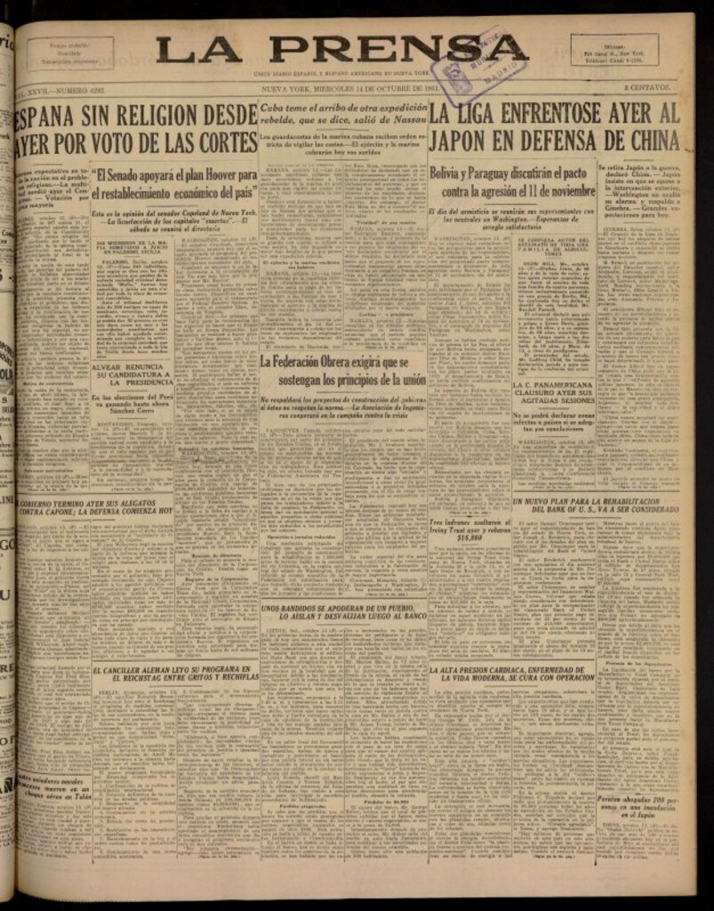 Miniatura de La Prensa: único diario español e hispano americano en Nueva York del 14 de octubre de 1931, nº 4292