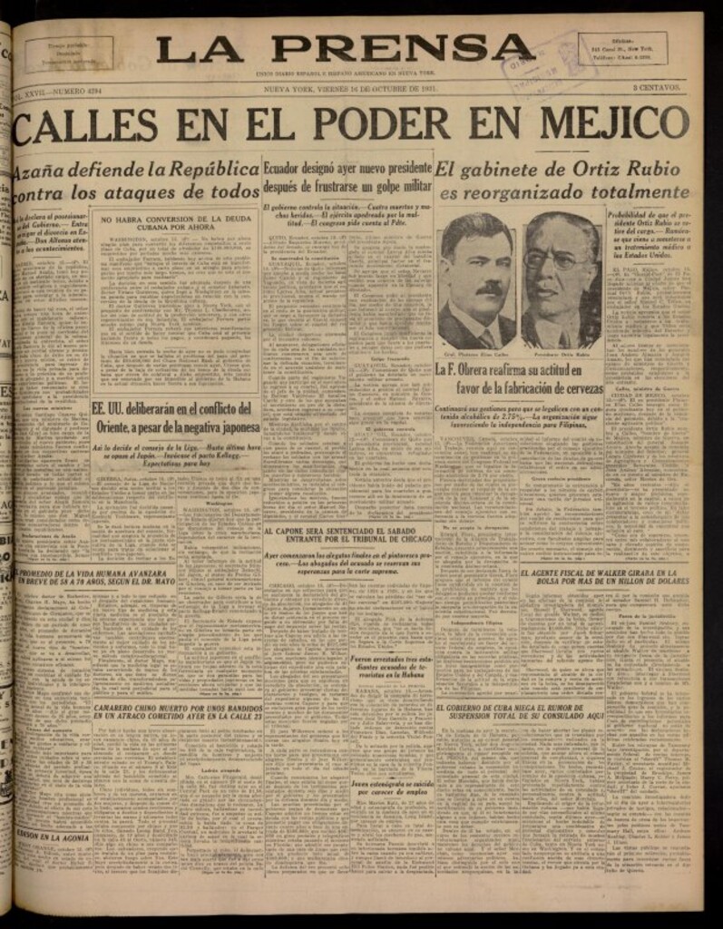 Miniatura de La Prensa: único diario español e hispano americano en Nueva York del 16 de octubre de 1931, nº 4294