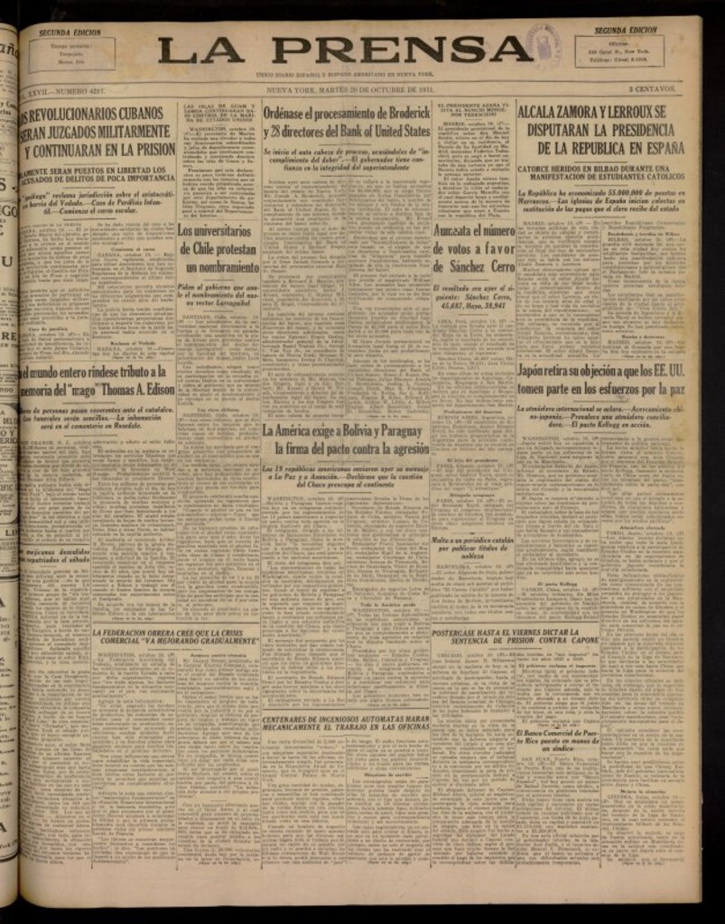 Miniatura de La Prensa: único diario español e hispano americano en Nueva York del 20 de octubre de 1931, nº 4297