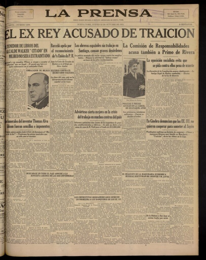Miniatura de La Prensa: único diario español e hispano americano en Nueva York del 22 de octubre de 1931, nº 4299
