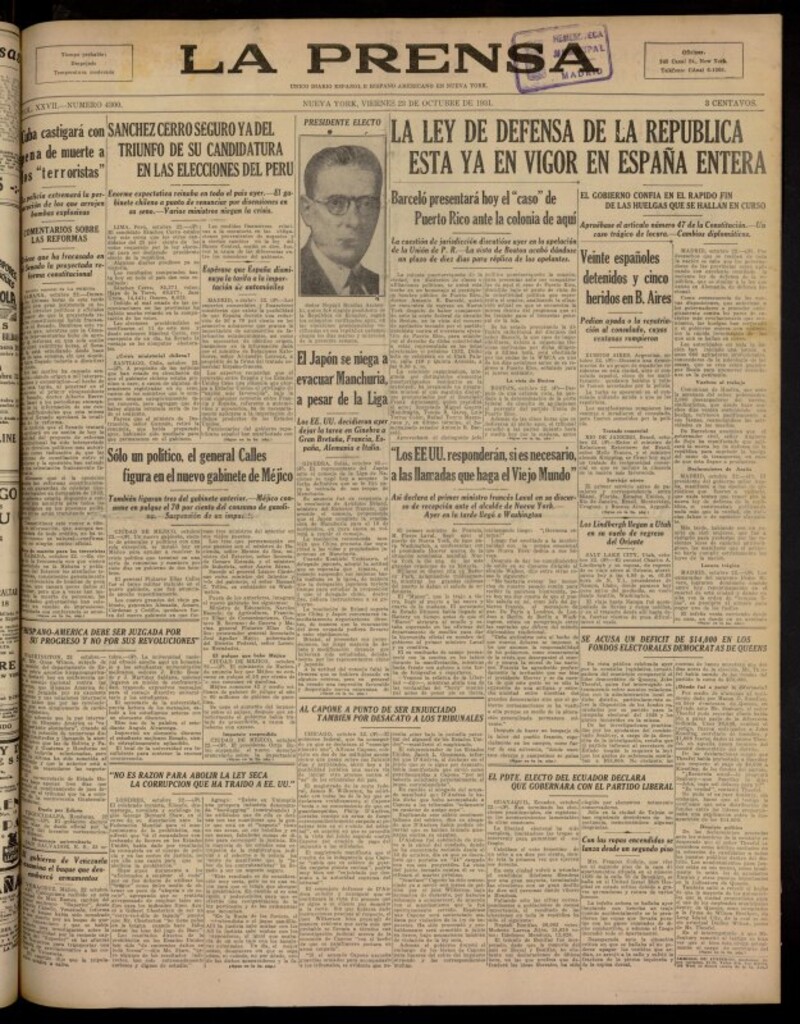 Miniatura de La Prensa: único diario español e hispano americano en Nueva York del 23 de octubre de 1931, nº 4300