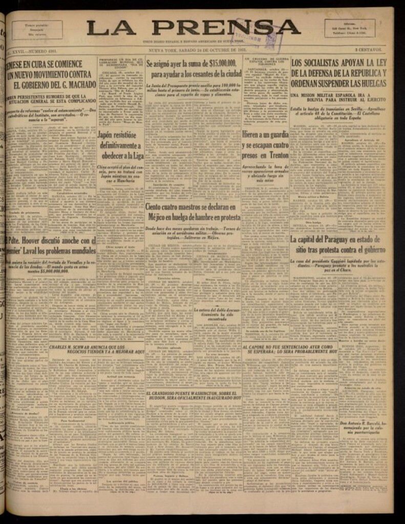 Miniatura de La Prensa: único diario español e hispano americano en Nueva York del 24 de octubre de 1931, nº 4301