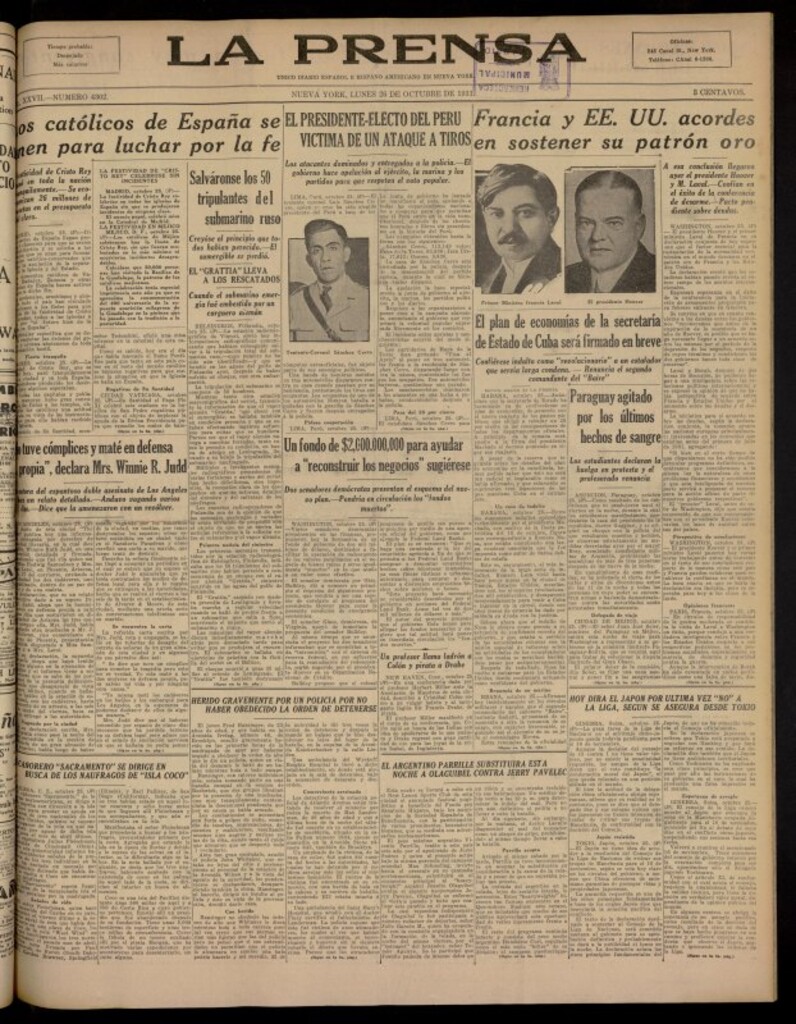 Miniatura de La Prensa: único diario español e hispano americano en Nueva York del 26 de octubre de 1931, nº 4302